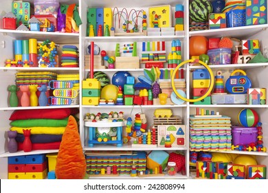 Shelf with many colored toys