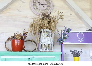 Shelf
In Provence Style.Rustic Home Decor, Provence Style. Lavender Bouquet Of Dried Field Flowers