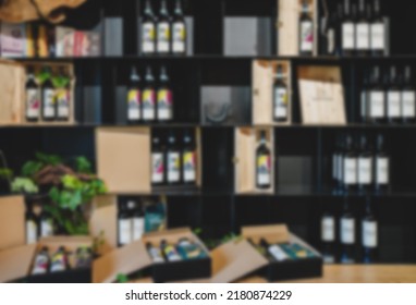 Shelf With A Variety Of Bottles In The Tasting Room At The Winery.