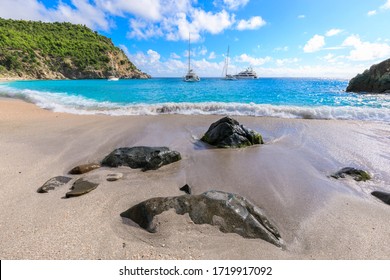 Shell Beach, Yachts Anchored In Turquoise Bay, Gustavia, St. Barthelemy (St. Barts, St Barth), Caribbean