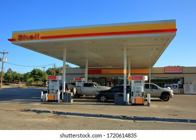 A Shell Branded Gas Station.  Royal Dutch Shell PLC Is A NYSE Publicly Traded Company With Stock Ticker RDS - Comfort, Texas, USA - May 2, 2020