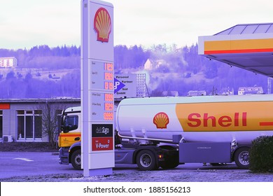 Shell Oil Truck In The Fuel And Gas Station On December 30,2020 In Frankfurt, Germany.