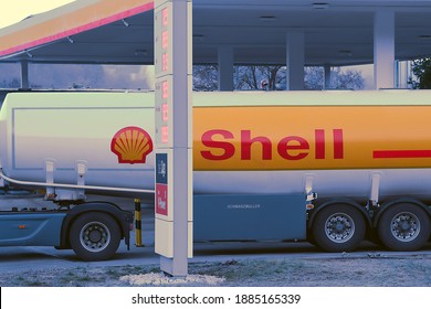 Shell Oil Truck In The Fuel And Gas Station On December 30,2020 In Frankfurt, Germany.