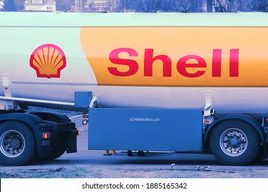 Shell Oil Truck In The Fuel And Gas Station On December 30,2020 In Frankfurt, Germany.