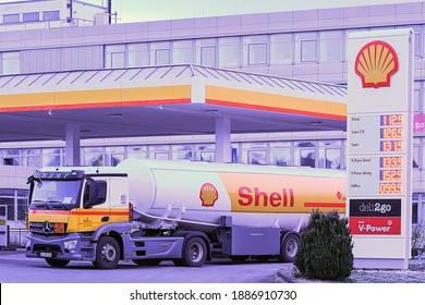 Shell Oil Truck In The Fuel And Gas Station On December 30,2020 In Frankfurt, Germany.