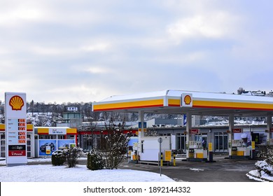 Shell Oil Truck In The Fuel And Gas Station On January 9,2021 In Frankfurt, Germany.