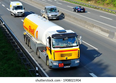 Shell Oil Truck On The Freeway On April 24,2015 In Mainz,Germany.