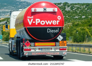 Shell V Power Diesel Tanker Transports Gasoline On The Highway With Mountains On The Background, October 2021, Zadar, Croatia.