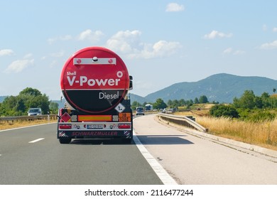 Shell V Power Diesel Tanker Transports Gasoline On The Highway With Mountains On The Background, October 2021, Zadar, Croatia.