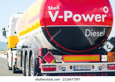 Shell V Power Diesel Tanker Transports Gasoline On The Highway With Mountains On The Background, October 2021, Zadar, Croatia.