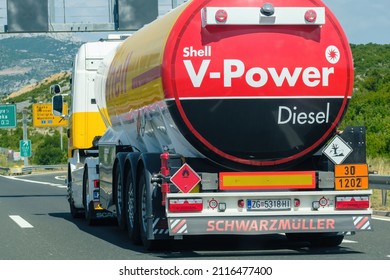 Shell V Power Diesel Tanker Transports Gasoline On The Highway With Mountains On The Background, October 2021, Zadar, Croatia.