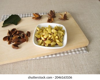 Shelled and cooked beechnuts in a small bowl