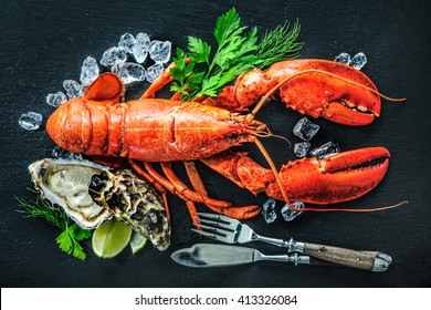 Shellfish Plate Of Crustacean Seafood With Fresh Lobster, Mussels, Oysters As An Ocean Gourmet Dinner Background