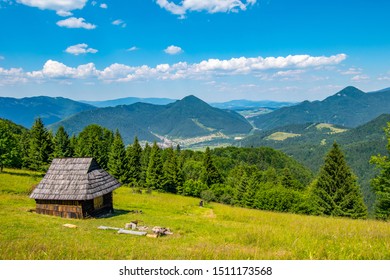 Shelter cabin hut with view to valley, Velka Fatra, Western Carpathians, Slovakia