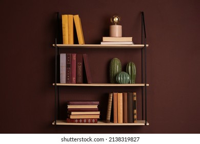 Shelves with different books, lamp and ceramic cacti on brown wall - Powered by Shutterstock