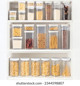 Shelves with different kinds of pasta and seasonings in glass jars on white background, Food Storage Container Set