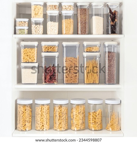 Shelves with different kinds of pasta and seasonings in glass jars on white background, Food Storage Container Set