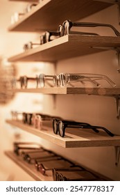 Shelves are filled with an array of eyeglasses featuring unique designs and colors. The modern store interior provides a warm ambiance, inviting customers to try on different styles.