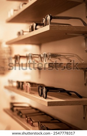 Shelves are filled with an array of eyeglasses featuring unique designs and colors. The modern store interior provides a warm ambiance, inviting customers to try on different styles.