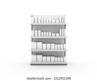 Shelves With Products Gray Steel Frame Retail Shelves Supermarket Stand 3d Rendering