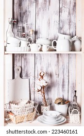 Shelves In The Rack In The Kitchen At Shabby Chic Style