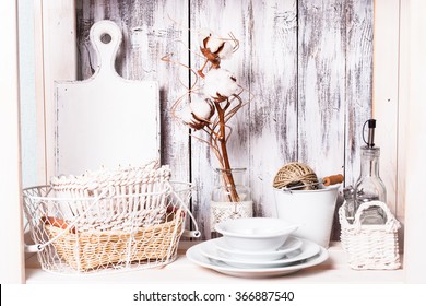 Shelves In The Rack In The Kitchen At Shabby Chic Style