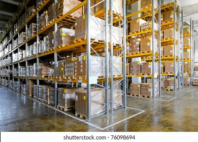 Shelves and racks in distribution storehouse interior