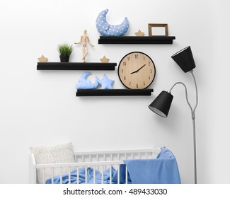 Shelves With Small Bed In Modern Baby Room