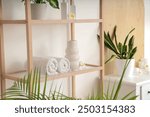 Shelving unit with rolled towels, glowers and houseplant in spa salon