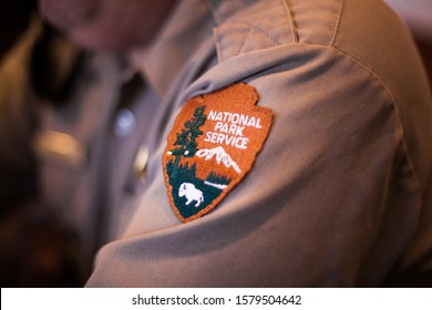 Shenandoah National Park, USA - September 16 2019: Close-up Of A Badge With The Logo Of The National Park Service On A Shirt Of A Ranger - With Copyspace