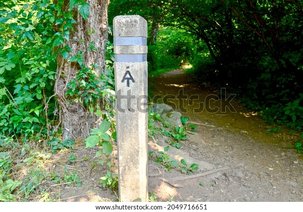 Shenandoah National Park, Virginia -2021:\
Appalachian Trail (AT) zinc-banded concrete trail marker. Near\
Hightop Mountain parking area, Skyline Drive mile 66. Park holds\
101 miles of Appalachian\
Trail