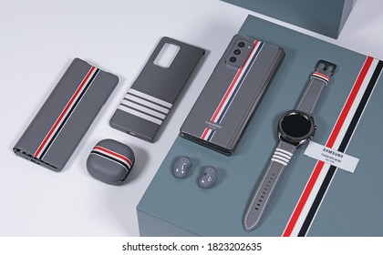 Shenzhen, China - 28 September 2020: Samsung Galaxy Z Fold 2 Thom Browne Edition, Samsung Galaxy Watch 3