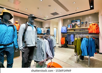 SHENZHEN, CHINA - CIRCA APRIL, 2019: Interior Shot Of Arc'teryx Retail Store At A Shopping Mall In Shenzhen. Arc'teryx Is A Canadian Outdoor High-end Clothing And Sporting Goods Company.