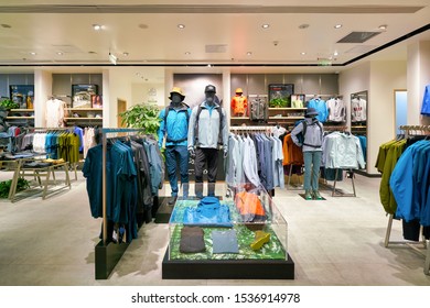 SHENZHEN, CHINA - CIRCA APRIL, 2019: Interior Shot Of Arc'teryx Retail Store At A Shopping Mall In Shenzhen. Arc'teryx Is A Canadian Outdoor High-end Clothing And Sporting Goods Company.