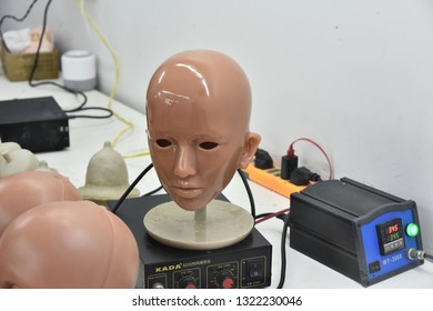 Shenzhen, China - February 2, 2019: Silicone Sex Dolls Factory, The Head Of The Silicone Doll In Production Line