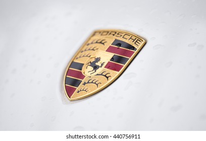 Shenzhen, China - Jun 14, 2016: Close Up Of The Logo Of Porsche On The Car Front, Taken Within A Test Drive. Porsche Is A German Automobile Manufacturer Of High-performance Sports Car, SUV And Sedan.