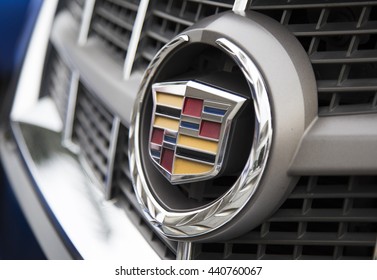 Shenzhen, China - Jun 14, 2016: Close Up Of The Logo Of Cadillac On The Car Front, Taken Within A Test Drive. Is A Division Of U.S.-based General Motors (GM) That Markets Luxury Vehicles Worldwide.