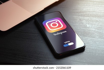 Shenzhen, China - MAY 03, 2022: Iphone Lying On A Wooden Table, On The Screen Instagram Social Application Logo, Which Starts Only After Turning On The Vpn Connection. Government Censorship Concept