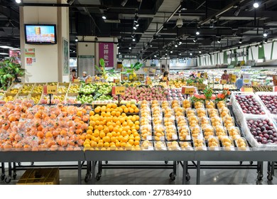 SHENZHEN, CHINA - MAY 06, 2015: AEON supermarket interior in ShenZhen. ShenZhen is regarded as one of the most successful Special Economic Zones.