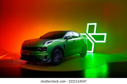 Shenzhen, China- November 1,2022: A Green LYNK And Co 05 Electric SUV Is Parked In Showroom