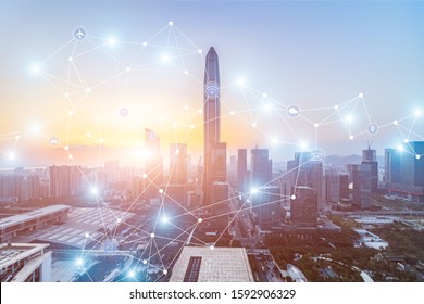 Shenzhen City Scenery and 5G Internet Technology Concept