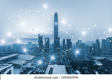 Shenzhen City Scenery and 5G Internet Technology Concept