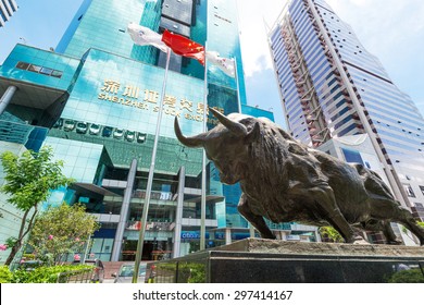  Shenzhen,China-June 15,2015: Shenzhen Stock Market Building And Bull Sculpture