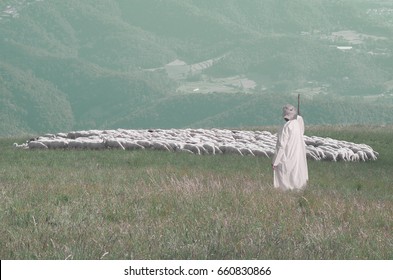 Shepherd and flock of sheep in the meadow. Symbolic scene of the Good Shepherd.