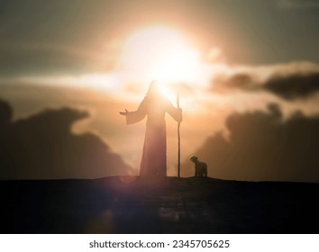 Shepherd Jesus Christ leading the flock and praying to Jehovah God and bright light sun and Jesus silhouette background in the field
