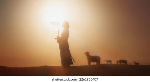 Shepherd Jesus Christ leading the sheep and praying to God and in the field bright sun light and Jesus bokeh silhouette background
				