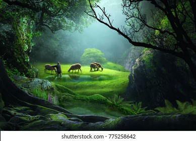 the shepherd with sheep in the deep forest on the grass beside a lake with beautiful sunlight 