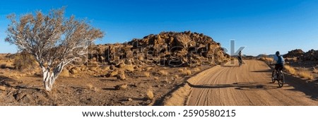 Shepherd tree or shepherd's tree (Boscia albitrunca) and mountain bikers at Augrabies Falls National Park, Northern Cape. South Africa.