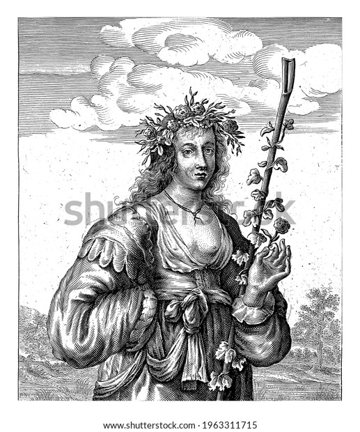 The shepherdess Sylvia with her shepherd\'s staff\
and a flower in her hand. Below the performance a four-line verse\
in Dutch.