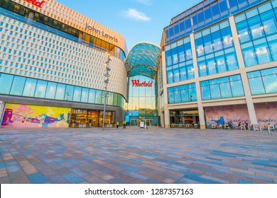 SHEPHERDS BUSH, LONDON- OCTOBER 2018: Westfield Shopping Centre in Shepherds Bush. Large scale indoor retail centre with many high street and luxury chains